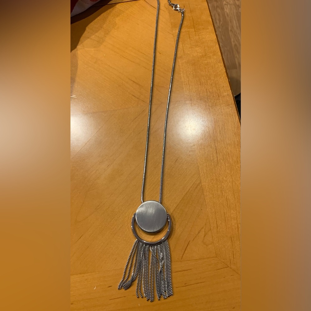 Silver Tone Long Disk Circle Box Chain Tassel Necklace - Picture 1 of 3